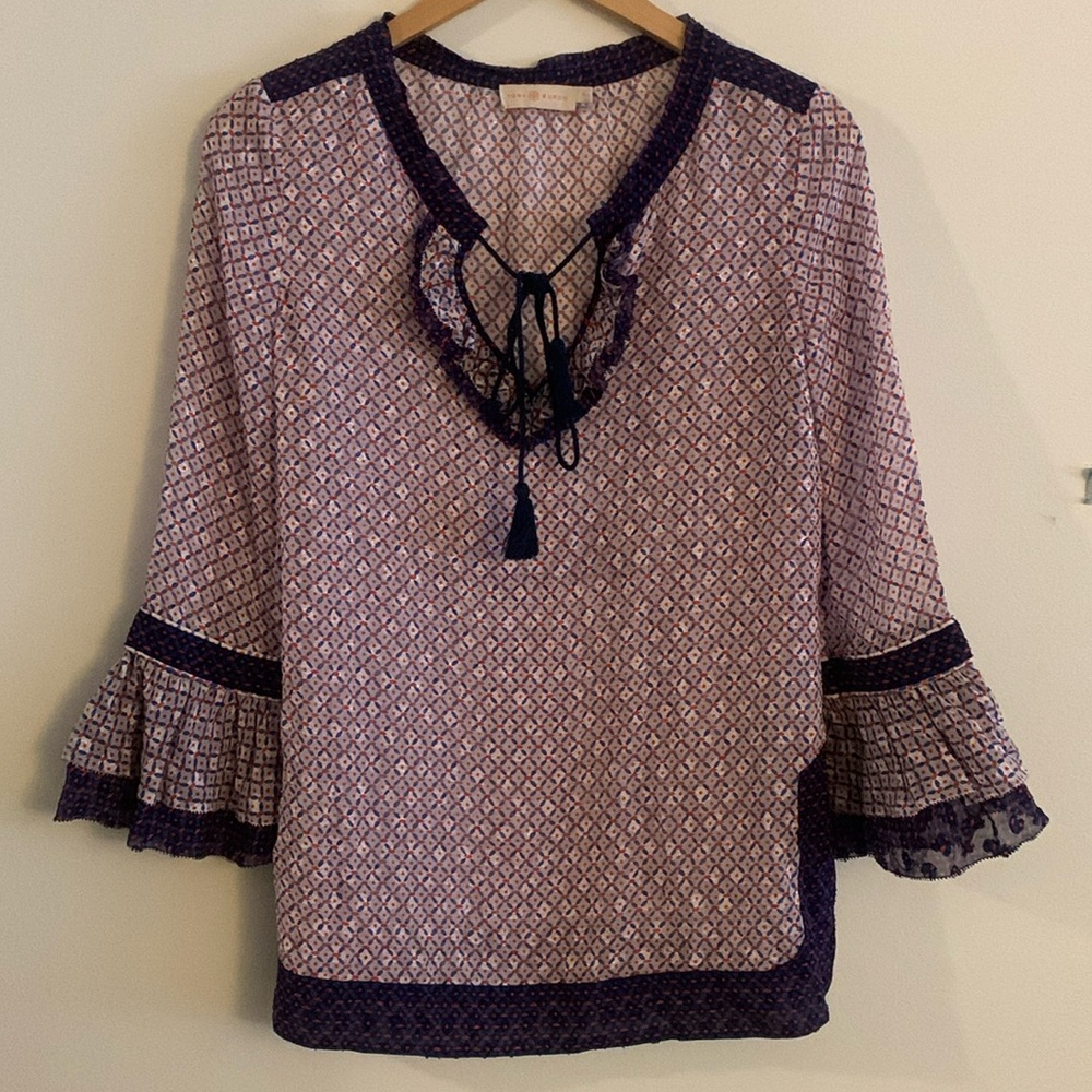 Tory Burch Gwenna Printed Tunic Top Size 2 Red and Blue Semi Sheer